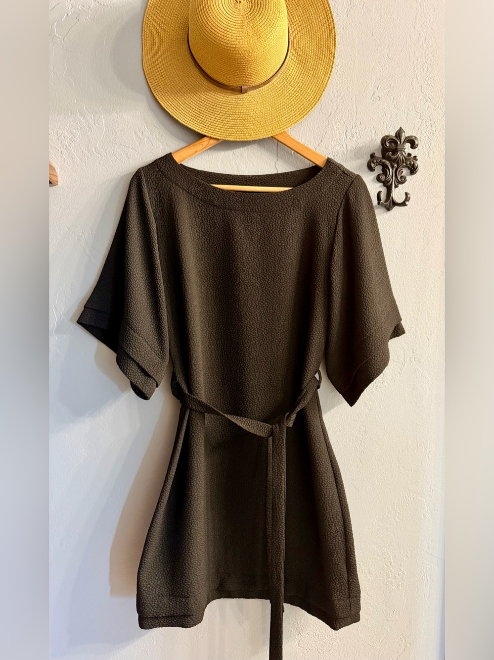 Walter Baker Dark Brown Textured Midi Dress with Tie Belt